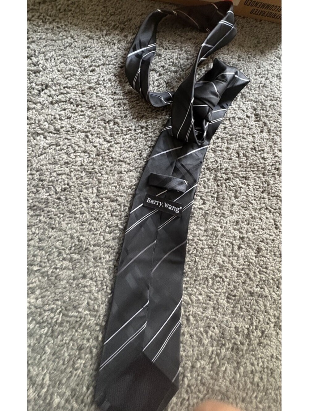 Barry Wang Mens Silk Necktie Black Silver White Striped Formal Dress Tie